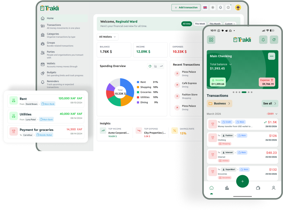Trakli web dashboard and mobile app showing balances, spending overview, and recent transactions